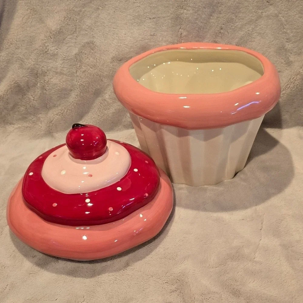 Happy Valentines Day Ceramic Cupcake Cookie Jar Pink Red Dot Cherry Lid 10